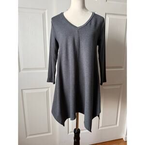 Garnet Hill Gray V-Neck 3/4 Sleeve Asymmetrical Tencel Dress Small Lagenlook‎